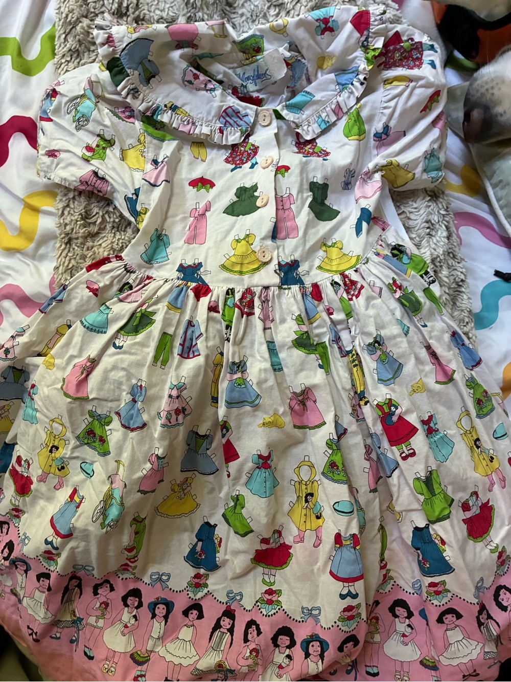 Mouse Feathers Vintage-Style Girls' Printed Dress with Paper Doll Dress Motif